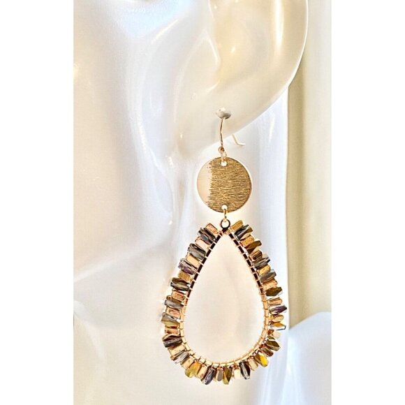 New Faceted Beaded Gold Tone Boho Teardrop Shape Dangle Statement Earrings - 3" - Picture 1 of 4